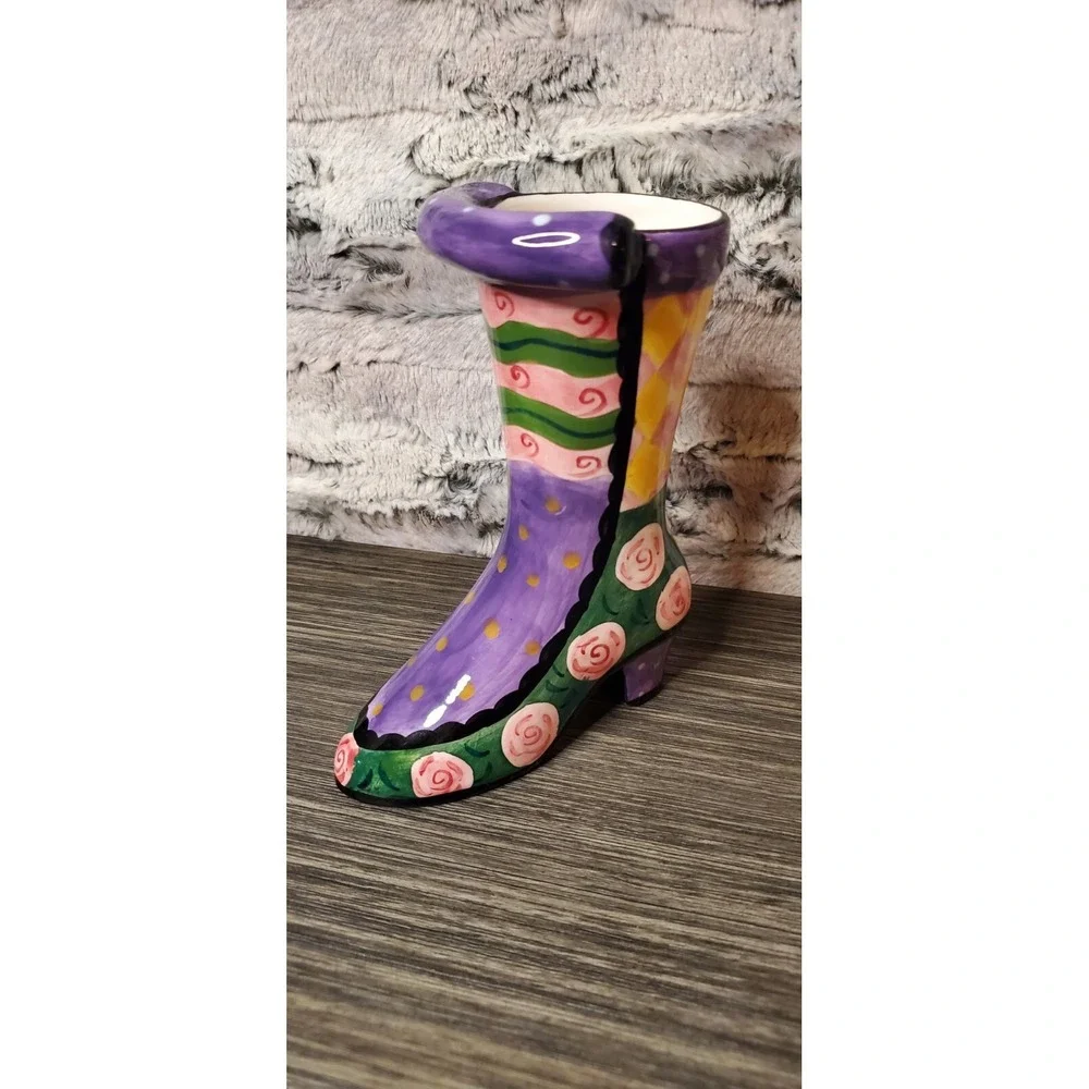 Milson & Louis Hand Painted Whimsical Boot Purple Yellow Green Pink Roses Hallow